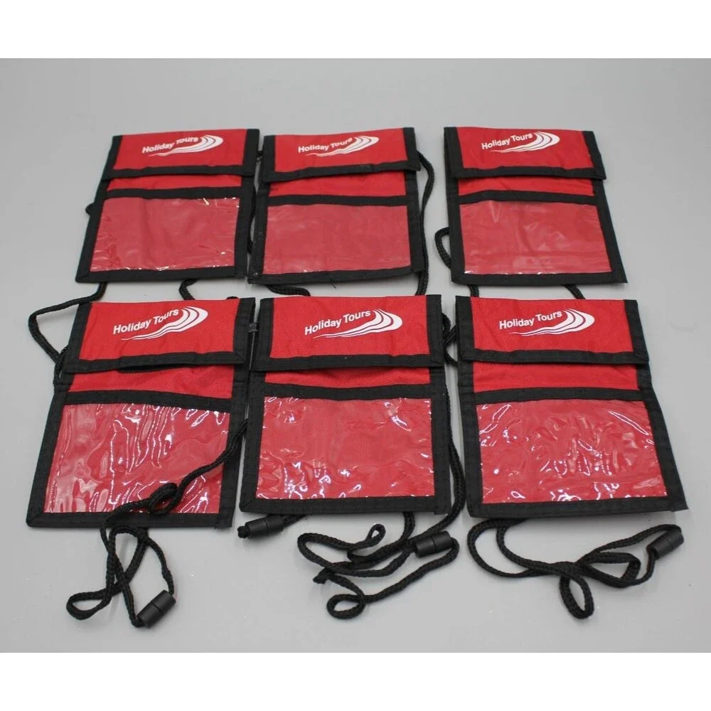 Lot of 6 Red Nylon Neck Lanyard Pen ID Card Pouch Holder Sleeve Holiday Tours